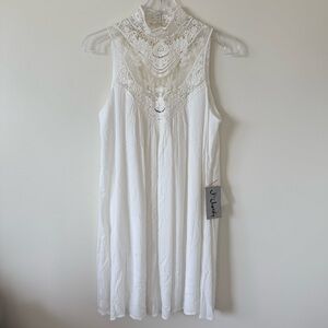 White Lace Crochet Sleeveless Flowy Swing Mini Boho Dress Festival Bohemian